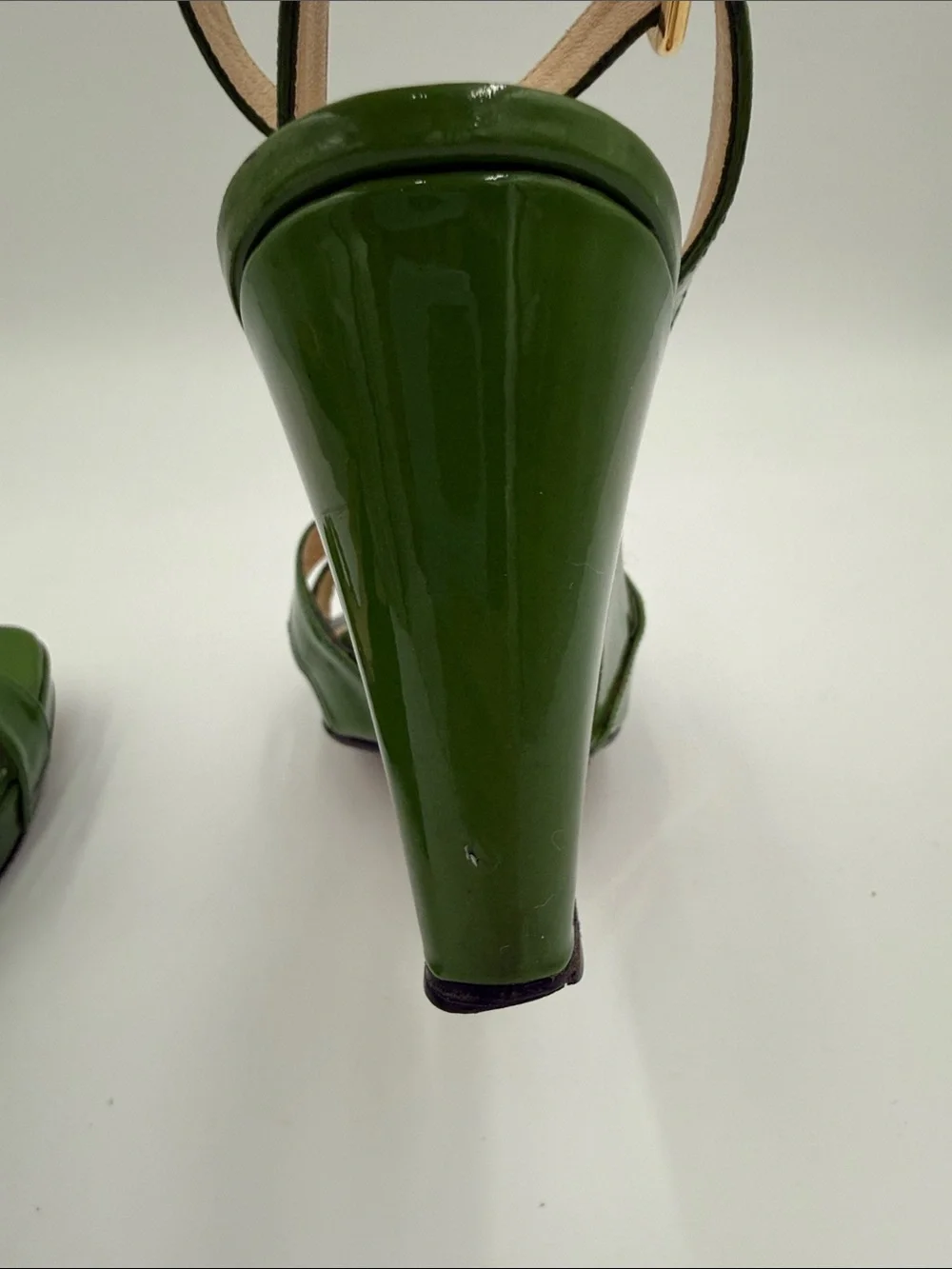 Prada Patent Green Wedge Sandals with Ankle Strap